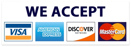 We accept American Express, Visa, Mastercard and Discover